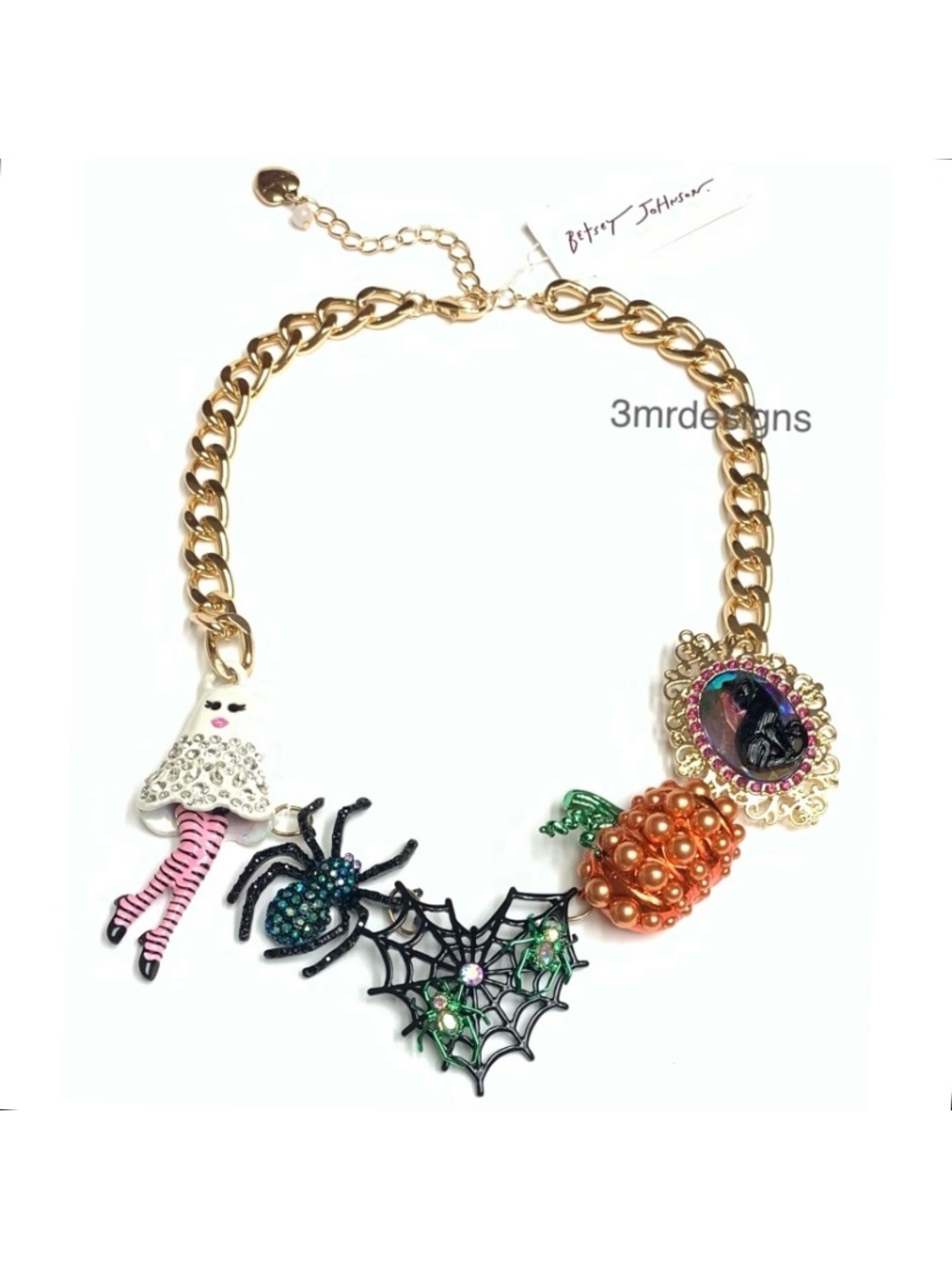 NWT Betsey Johnson 💋HALLOWEEN GIRLY GHOST Gold Tone Glass Crystals Charm Necklac